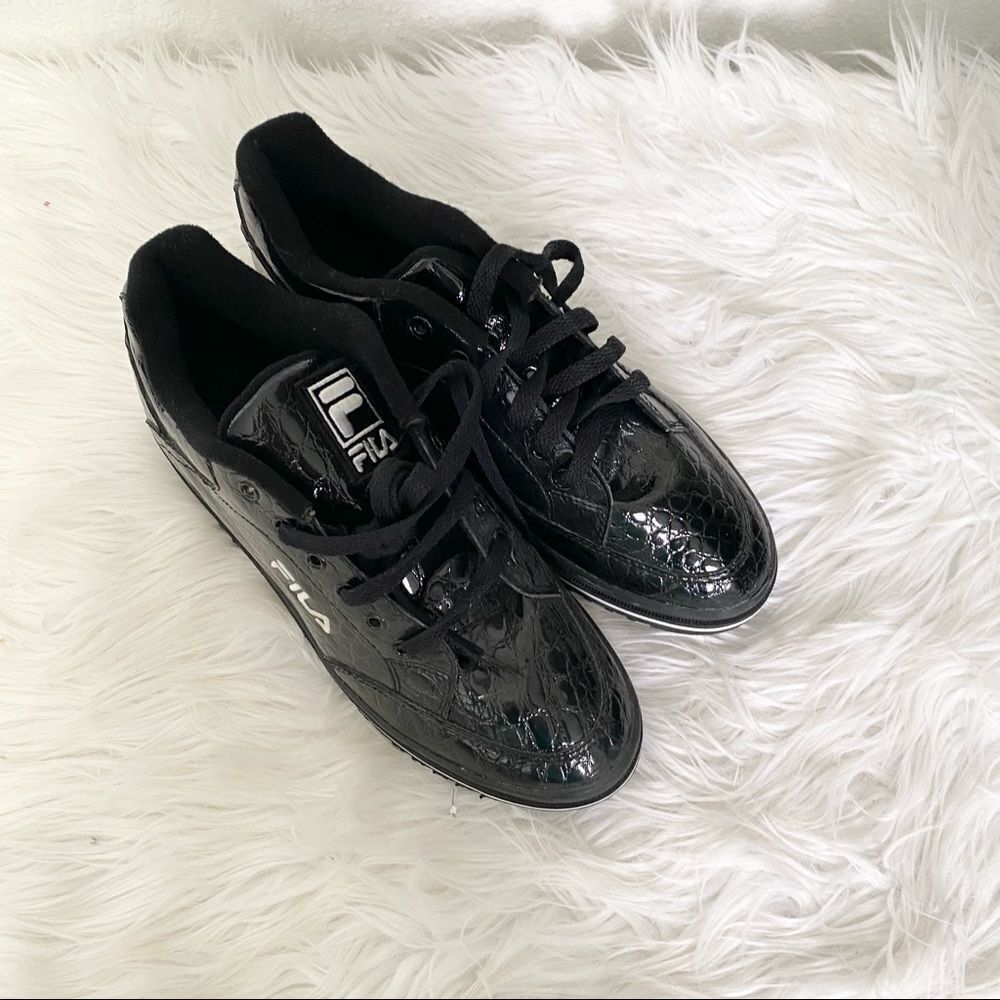 FILA Black Patent Leather Croco Lace-Up Sneakers 9